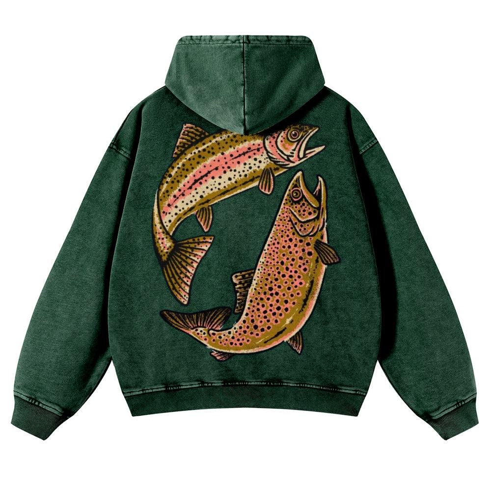 Muchic Unisex Two Fishes Back Print Casual Washed Hoodie