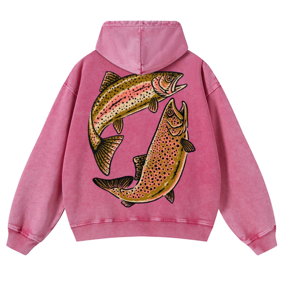 Muchic Unisex Two Fishes Back Print Casual Washed Hoodie