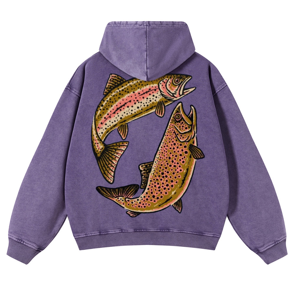 Muchic Unisex Two Fishes Back Print Casual Washed Hoodie