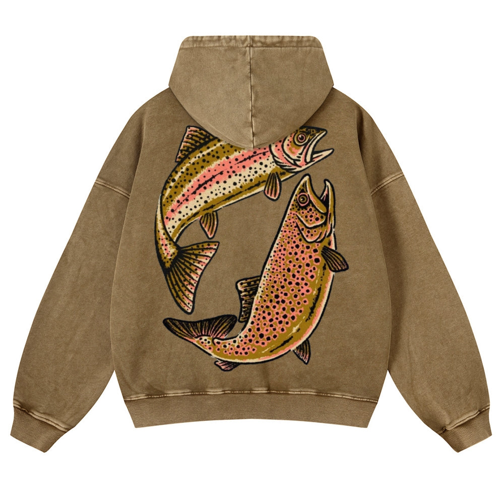 Muchic Unisex Two Fishes Back Print Casual Washed Hoodie