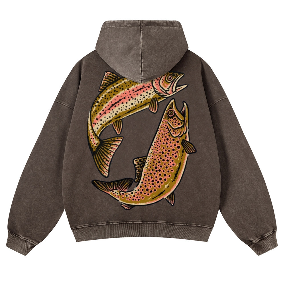 Muchic Unisex Two Fishes Back Print Casual Washed Hoodie