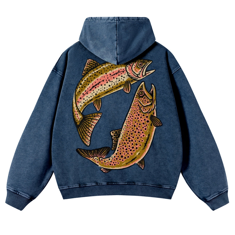 Muchic Unisex Two Fishes Back Print Casual Washed Hoodie