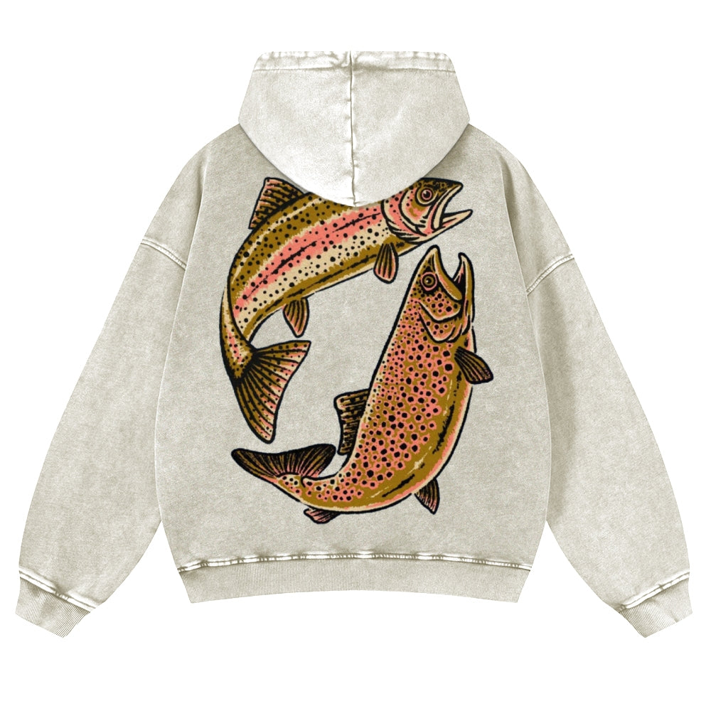 Muchic Unisex Two Fishes Back Print Casual Washed Hoodie