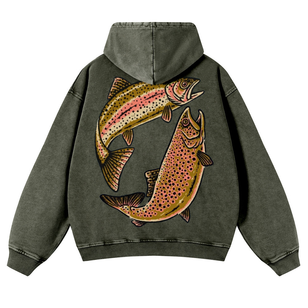 Muchic Unisex Two Fishes Back Print Casual Washed Hoodie