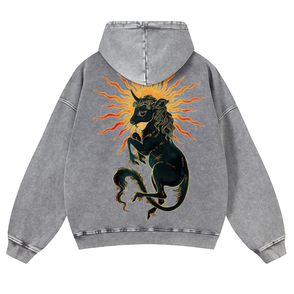 Muchic Unisex Solar Unicorn Back Print Casual Washed Hoodie