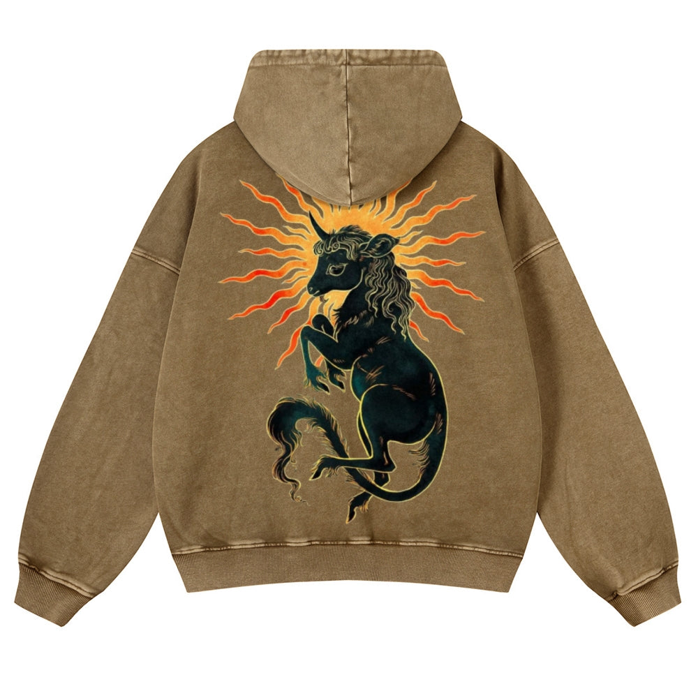 Muchic Unisex Solar Unicorn Back Print Casual Washed Hoodie