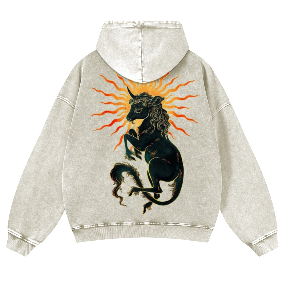 Muchic Unisex Solar Unicorn Back Print Casual Washed Hoodie