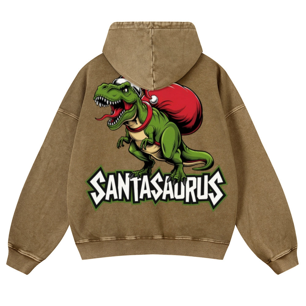 Muchic Unisex Santasaurus Back Print Casual Washed Hoodie