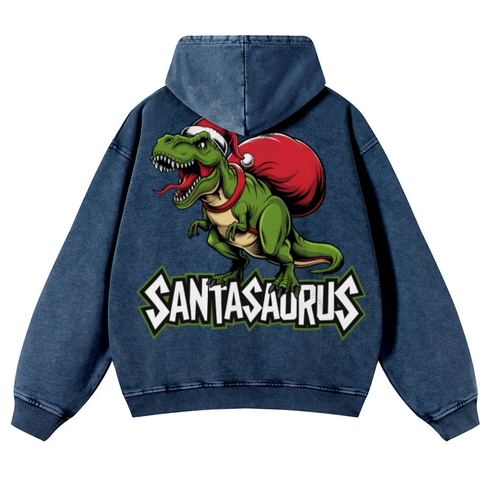 Muchic Unisex Santasaurus Back Print Casual Washed Hoodie