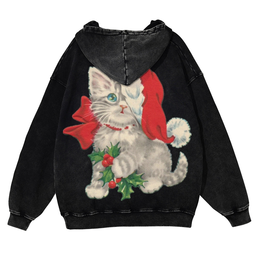 Muchic Unisex Christmas Kitten Back Print Casual Washed Hoodie