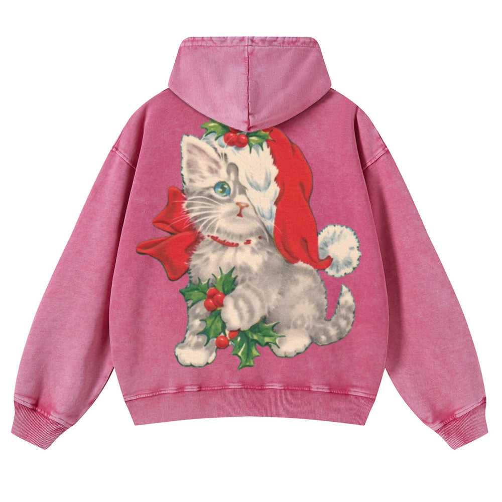 Muchic Unisex Christmas Kitten Back Print Casual Washed Hoodie