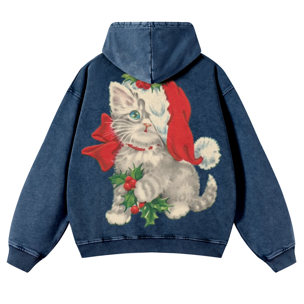 Muchic Unisex Christmas Kitten Back Print Casual Washed Hoodie