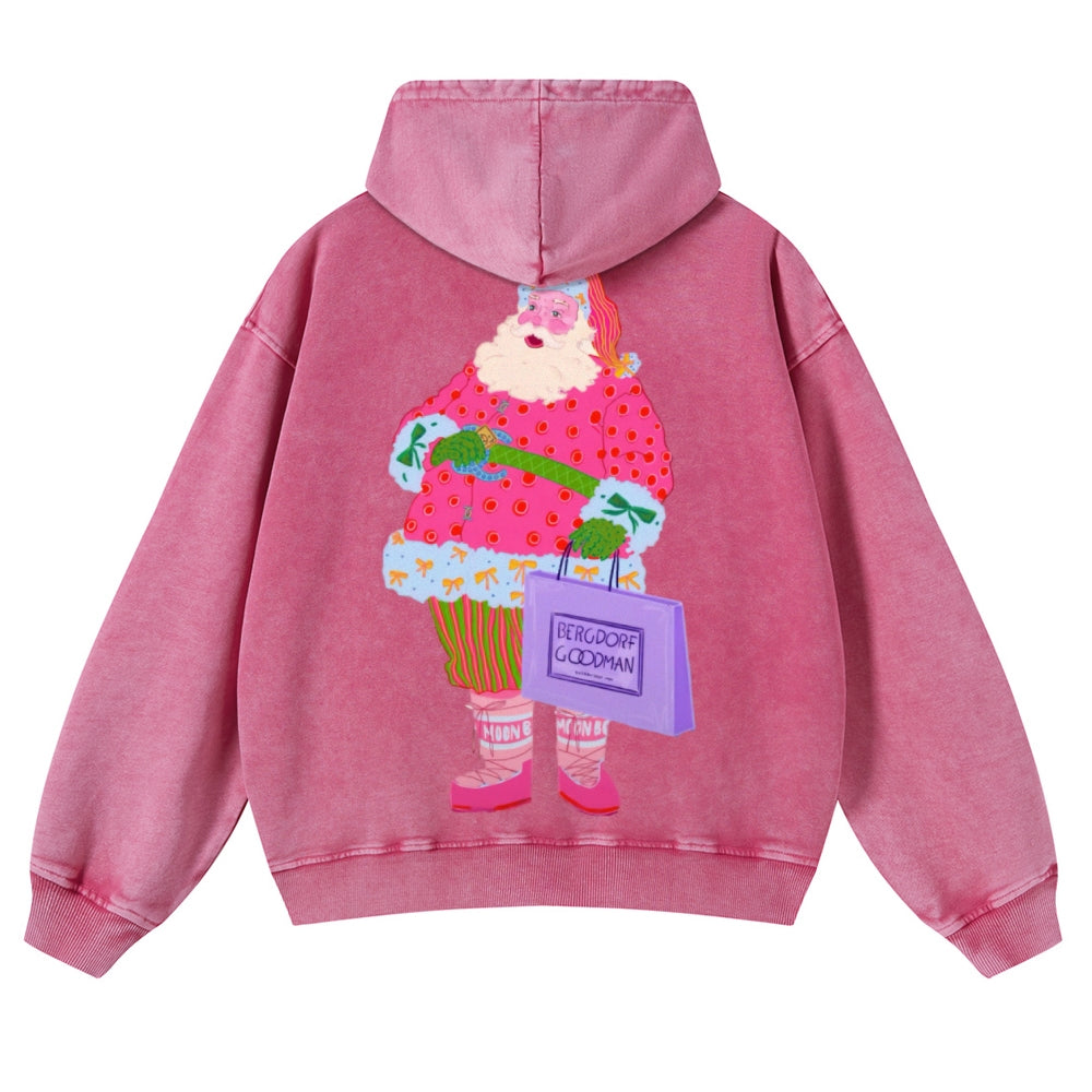 Muchic Unisex Santa Shops for Gifts Back Print Casual Washed Hoodie