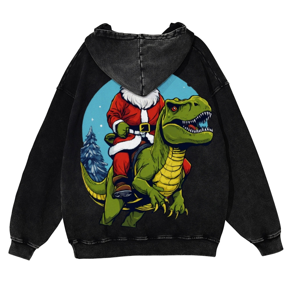 Muchic Unisex Santa Rides Dinosaur Back Print Casual Washed Hoodie