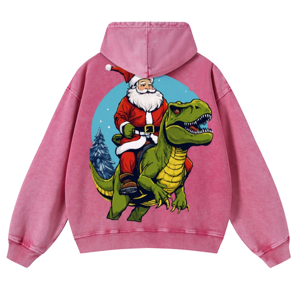 Muchic Unisex Santa Rides Dinosaur Back Print Casual Washed Hoodie