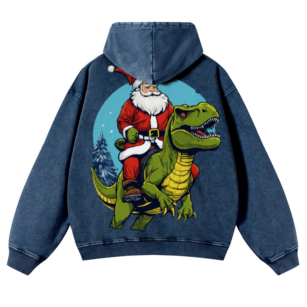 Muchic Unisex Santa Rides Dinosaur Back Print Casual Washed Hoodie