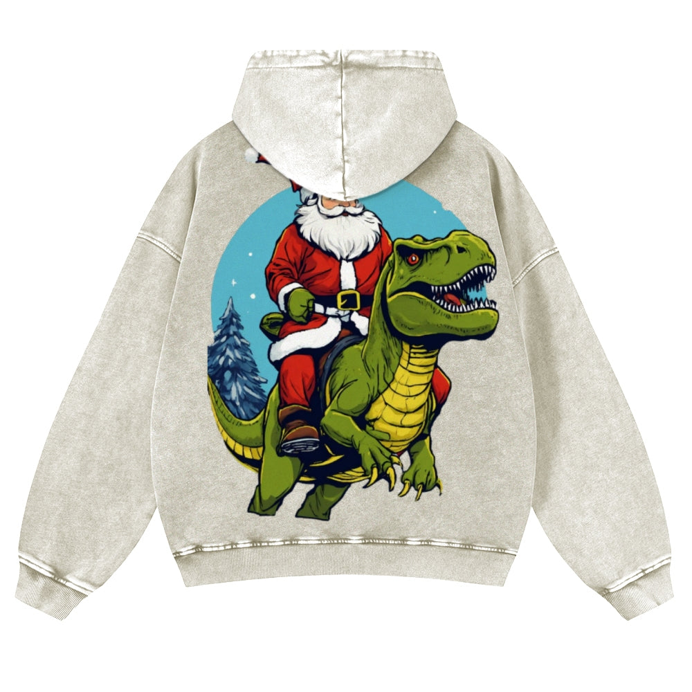 Muchic Unisex Santa Rides Dinosaur Back Print Casual Washed Hoodie