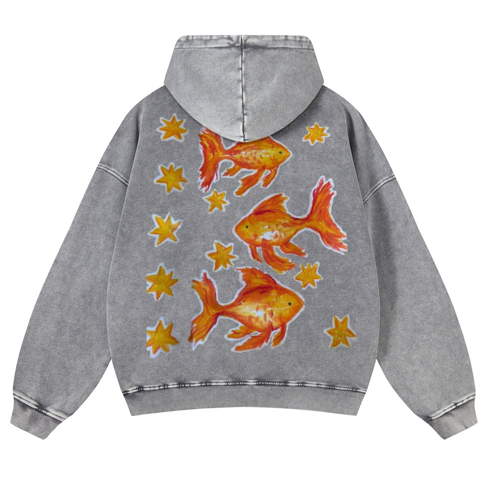 Muchic Unisex Koi Group Back Print Casual Washed Hoodie