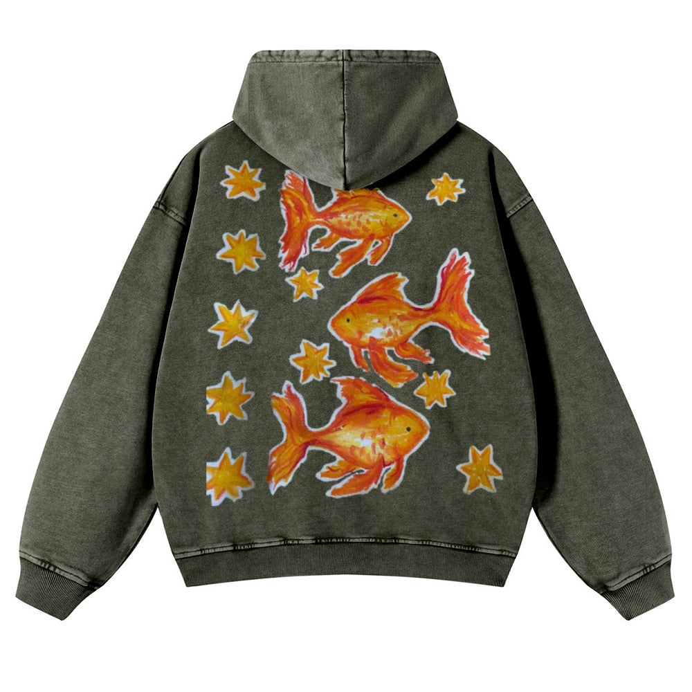 Muchic Unisex Koi Group Back Print Casual Washed Hoodie