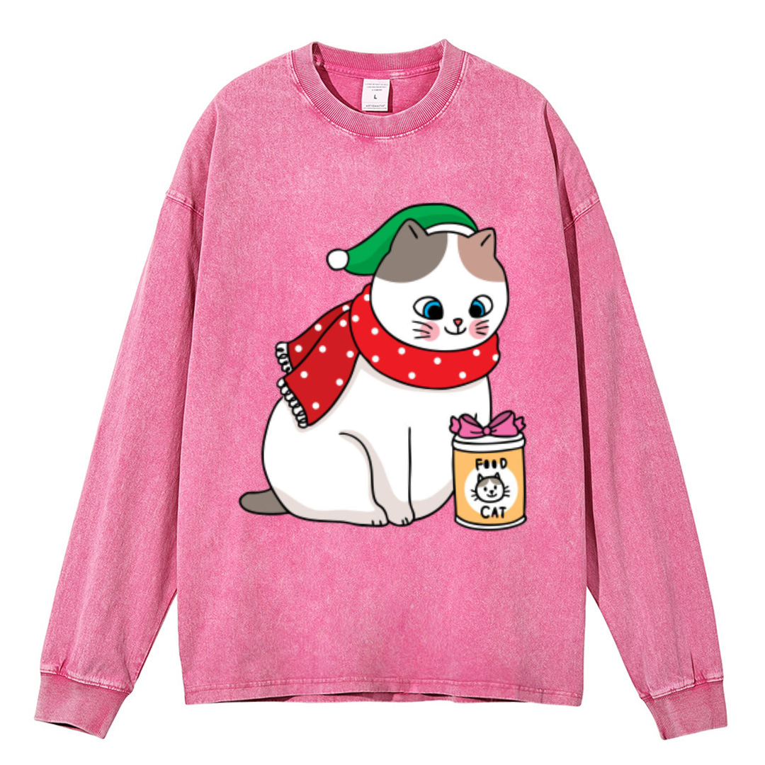 Muchic Cat Food Unisex Casual Washed Printed Round Neck Long Sleeve T-shirt