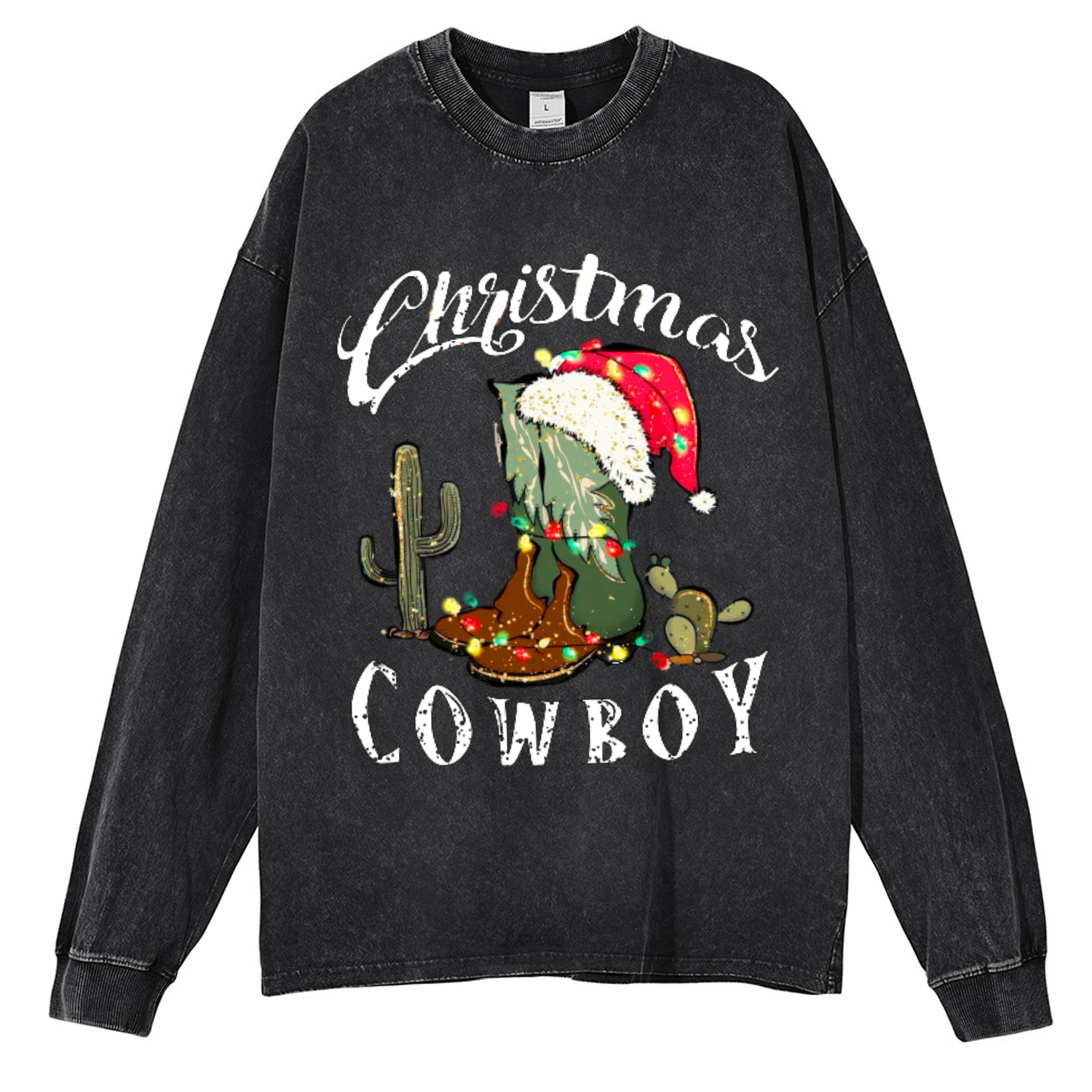 Muchic Christmas Cowboy Unisex Casual Washed Printed Round Neck Long Sleeve T-shirt