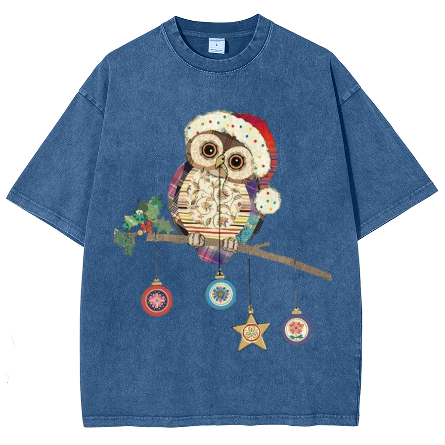 Muchic Owl Christmas Unisex Oversized Print Vintage Wash Denim T-Shirt