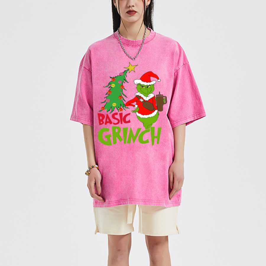 Muchic Basic Grinch Unisex Oversized Print Vintage Wash Denim T-Shirt