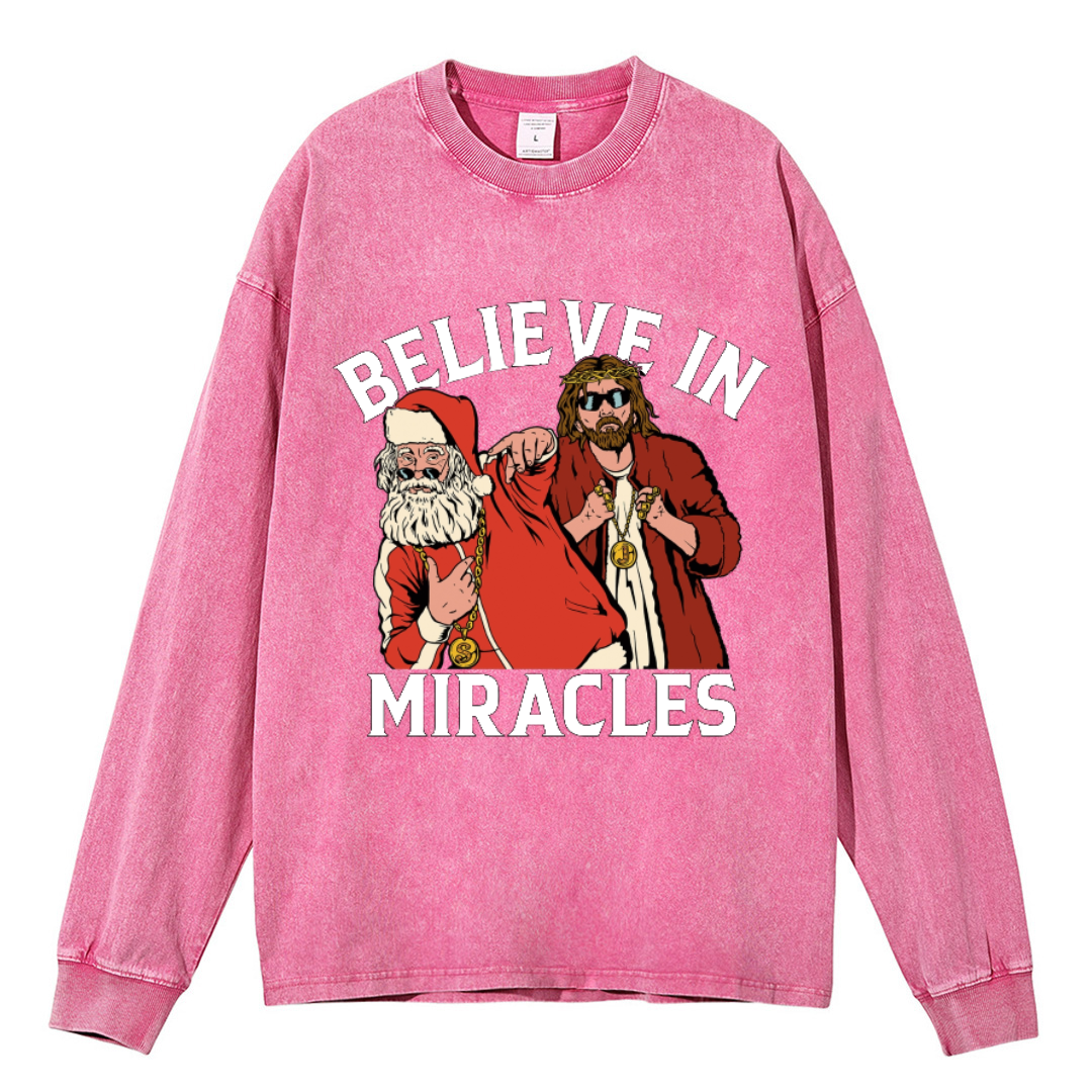 Muchic Believe In Miracles Unisex Casual Washed Printed Round Neck Long Sleeve T-shirt