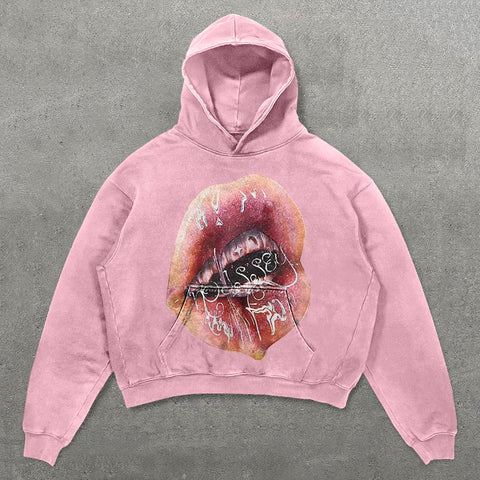 Muchic Fashion Mouth Print Long Sleeve Hoodies