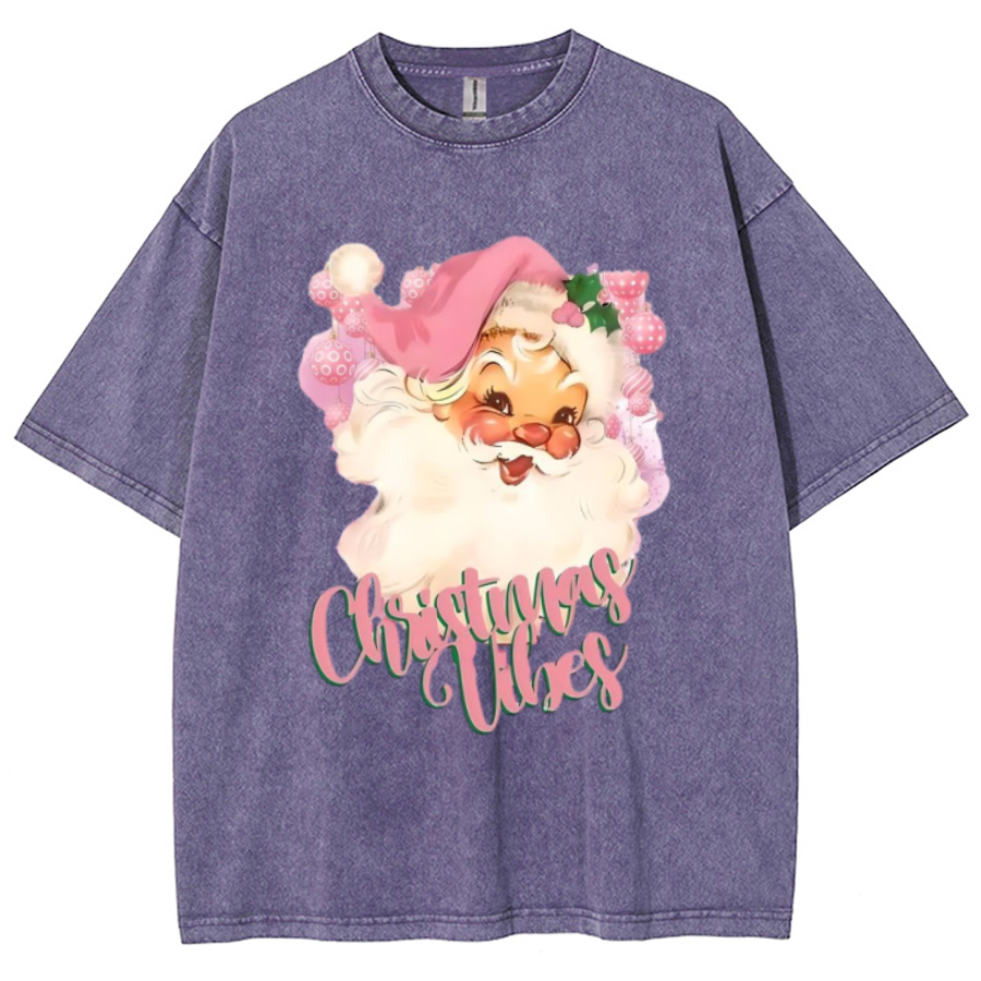 Muchic Christmas Vibes Unisex Printed Retro Washed Short Sleeved T-Shirt