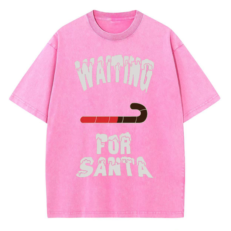 Muchic Unisex Waiting For Santa Printed Retro Washed Short Sleeved T-Shirt