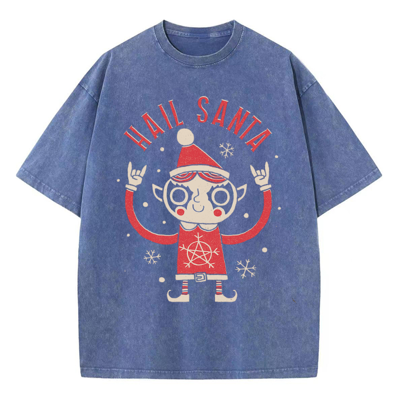 Muchic Unisex Hail Santa Printed Retro Washed Short Sleeved T-Shirt