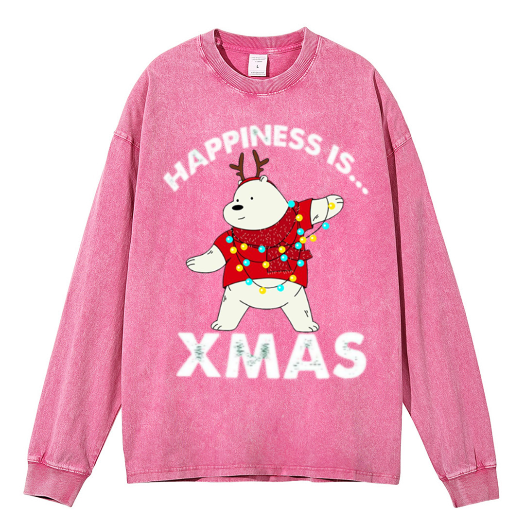 Muchic Happiness Is Xmas Unisex Casual Washed Printed Round Neck Long Sleeve T-shirt