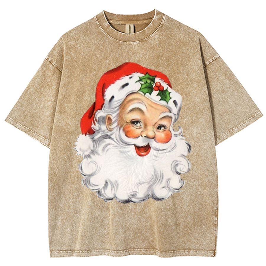 Muchic Santa Claus Unisex Printed Retro Washed Short Sleeved T-Shirt