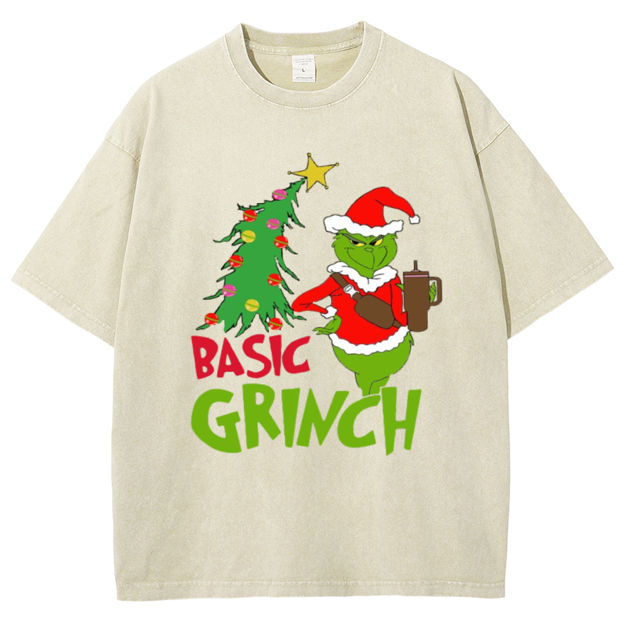 Muchic Basic Grinch Unisex Oversized Print Vintage Wash Denim T-Shirt