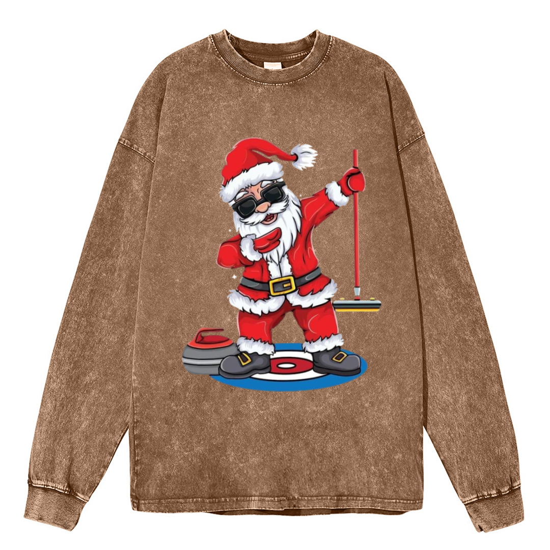 Muchic Santa Claus Unisex Casual Washed Printed Round Neck Long Sleeve T-shirt