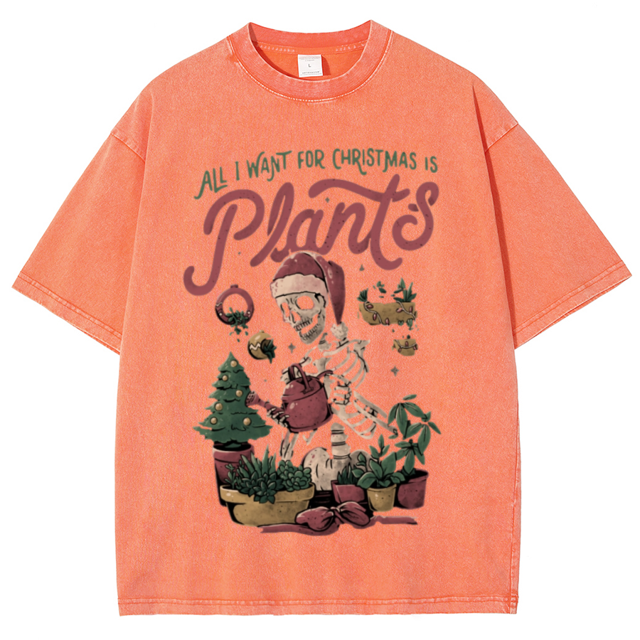 Muchic Christmas Plants Unisex Oversized Print Vintage Wash Denim T-Shirt