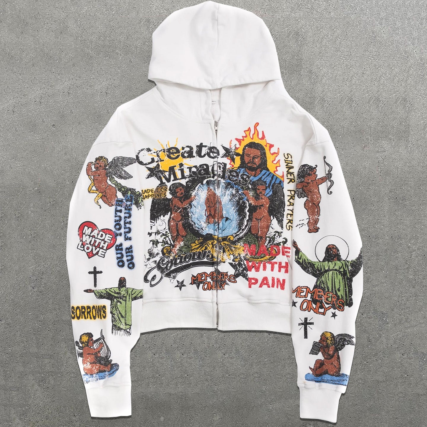 Muchic Create Miracles Print Long Sleeve Zipper Hoodies