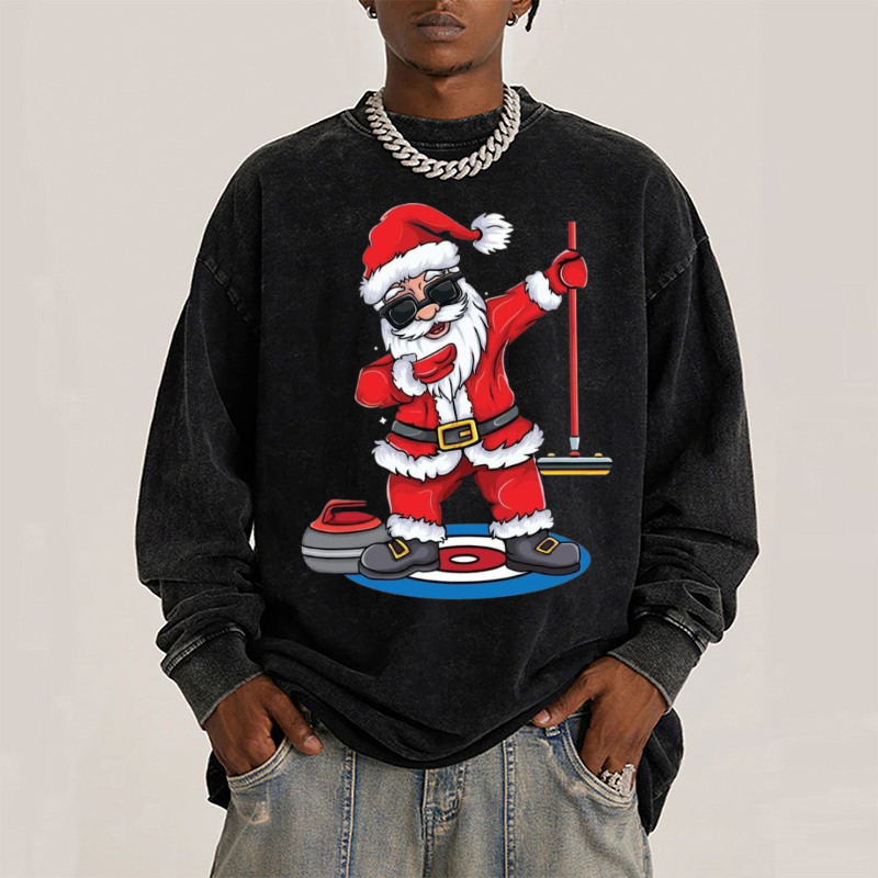 Muchic Santa Claus Unisex Casual Washed Printed Round Neck Long Sleeve T-shirt