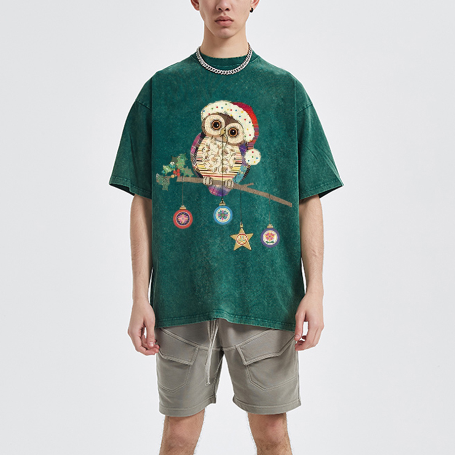 Muchic Owl Christmas Unisex Oversized Print Vintage Wash Denim T-Shirt