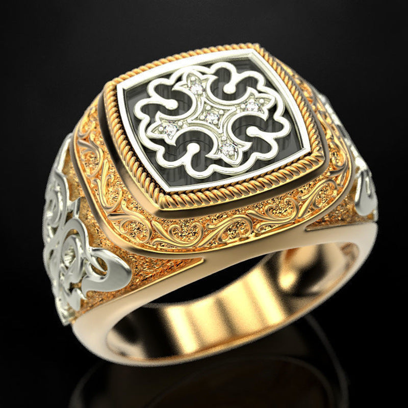 Bold Vintage Signet Ring – Engraved Gold & Black Steel