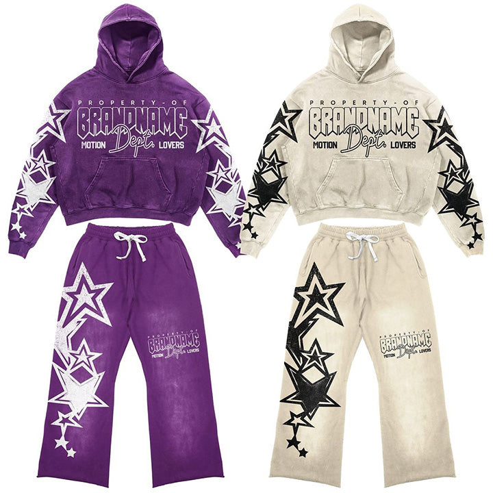 Muchic Unisex Star and Letter Print Hooded Long Sleeve Sweatshirt Set