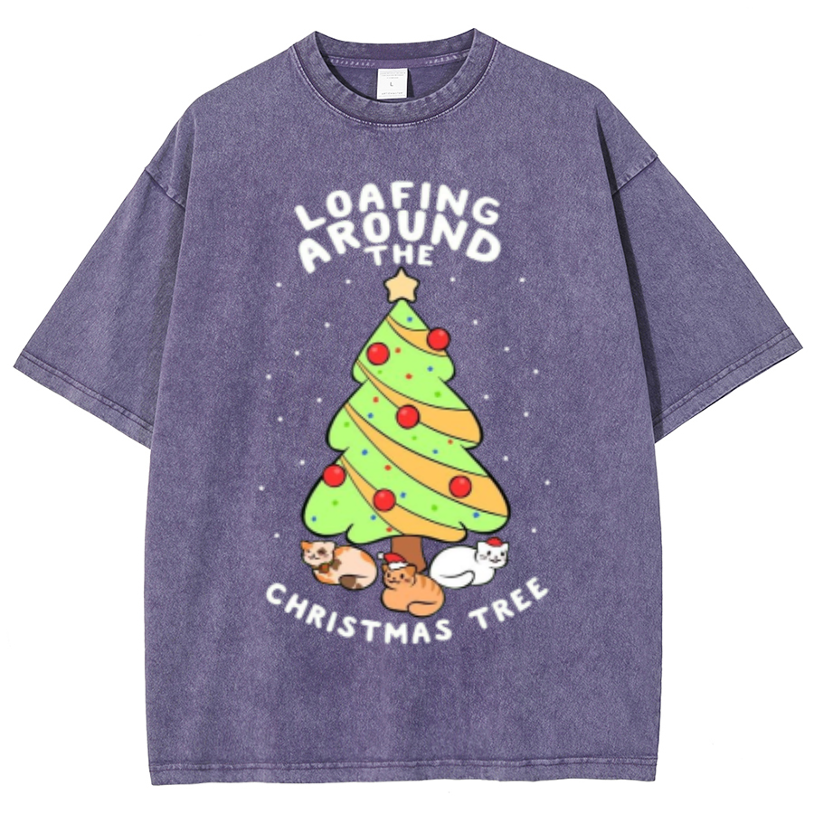 Muchic Christmas Tree Unisex Oversized Print Vintage Wash Denim T-Shirt