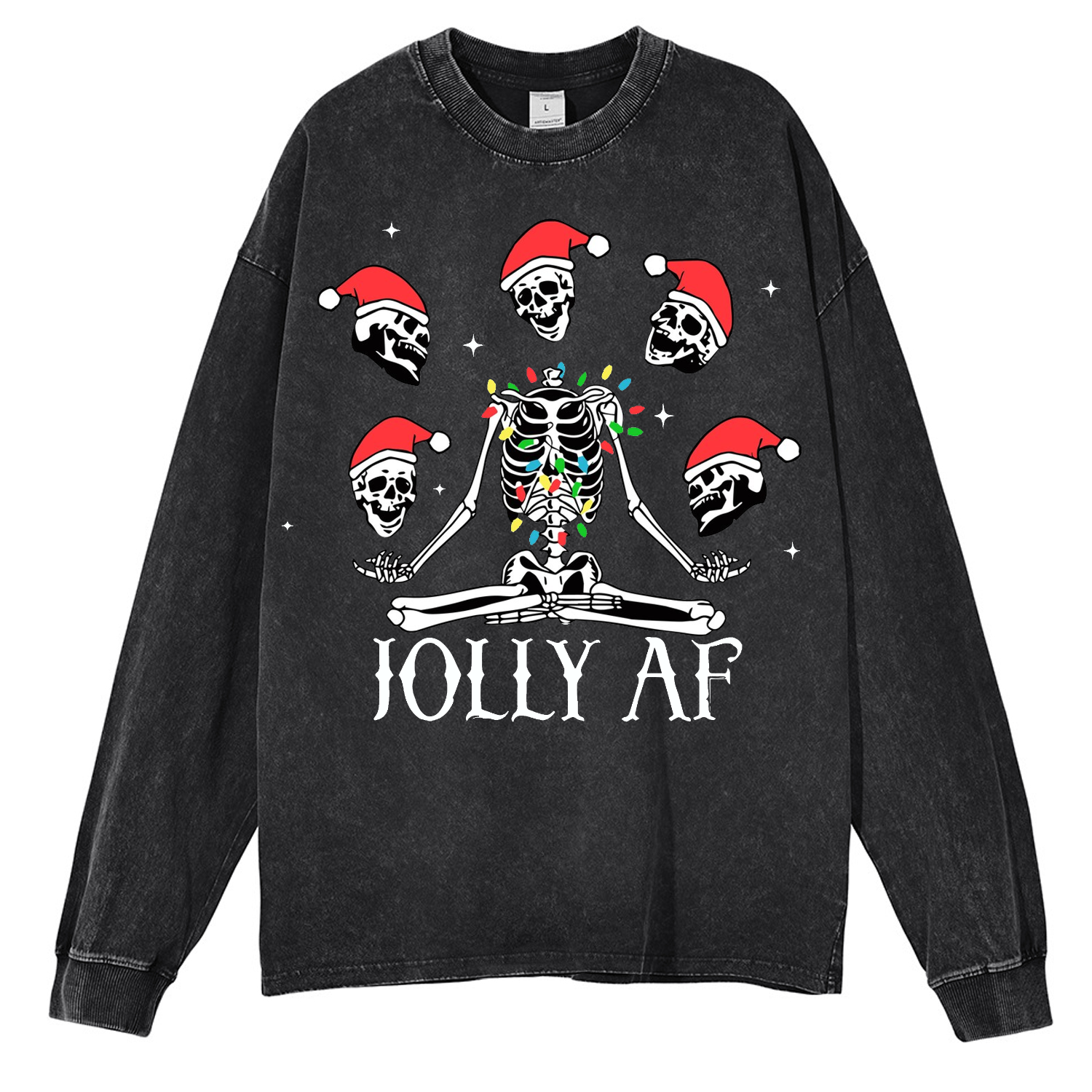 Muchic Unisex Casual Washed Christmas Skeleton Printed Round Neck Long Sleeve T-shirt