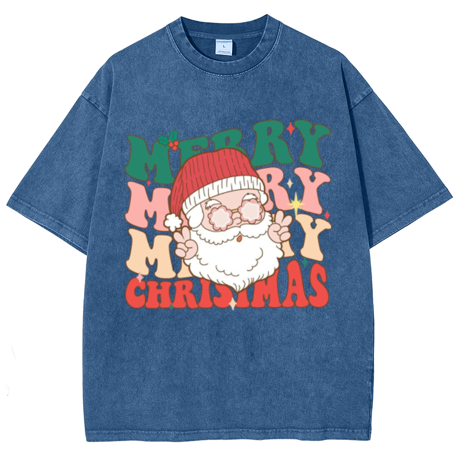 Muchic Merry Christmas Unisex Oversized Print Vintage Wash Denim T-Shirt