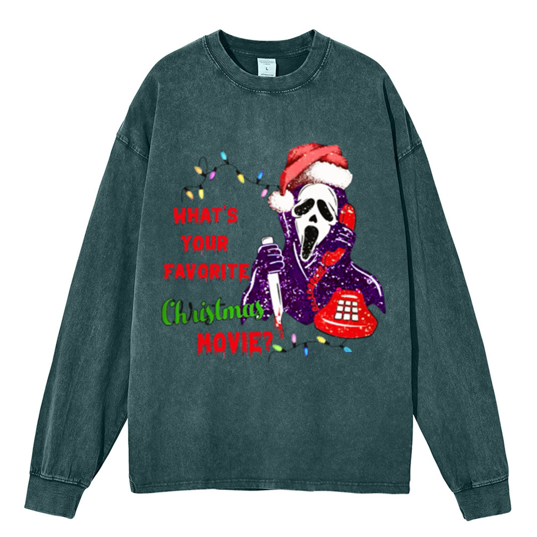 Muchic Christmas Movie Unisex Casual Washed Printed Round Neck Long Sleeve T-shirt