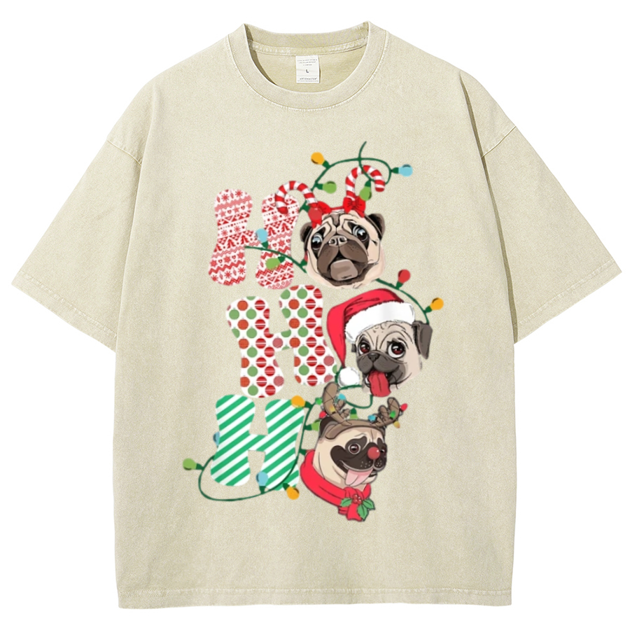 Muchic Pug Christmas Unisex Oversized Print Vintage Wash Denim T-Shirt