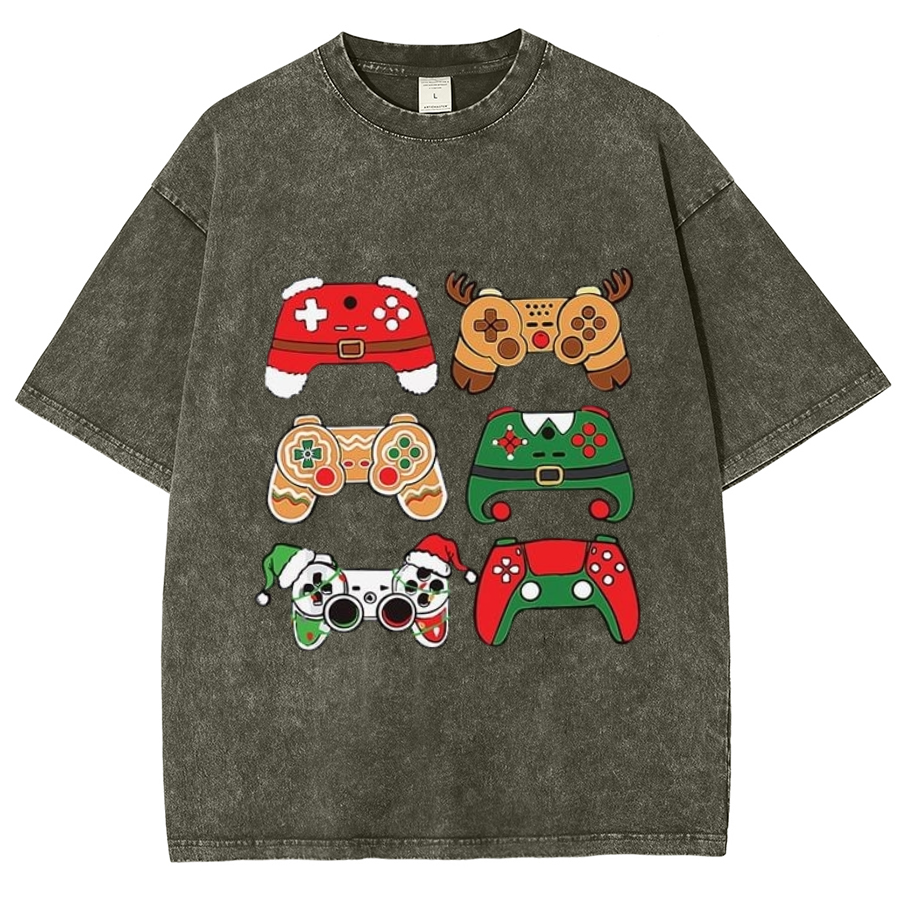 Muchic Game Christmas Unisex Oversized Print Vintage Wash Denim T-Shirt