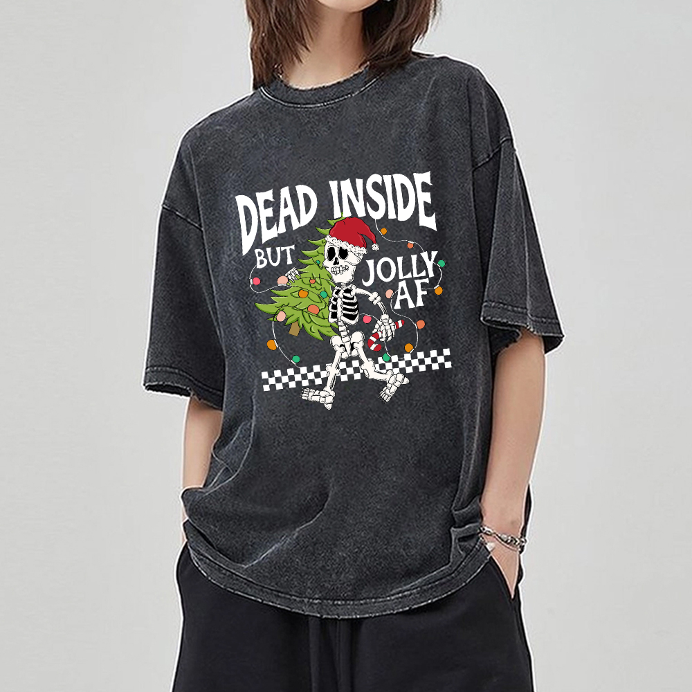 Muchic Unisex Dead Inside But Jolly Af Fun Skeleton Christmas Tree Printed Retro Washed Short Sleeved T-Shirt