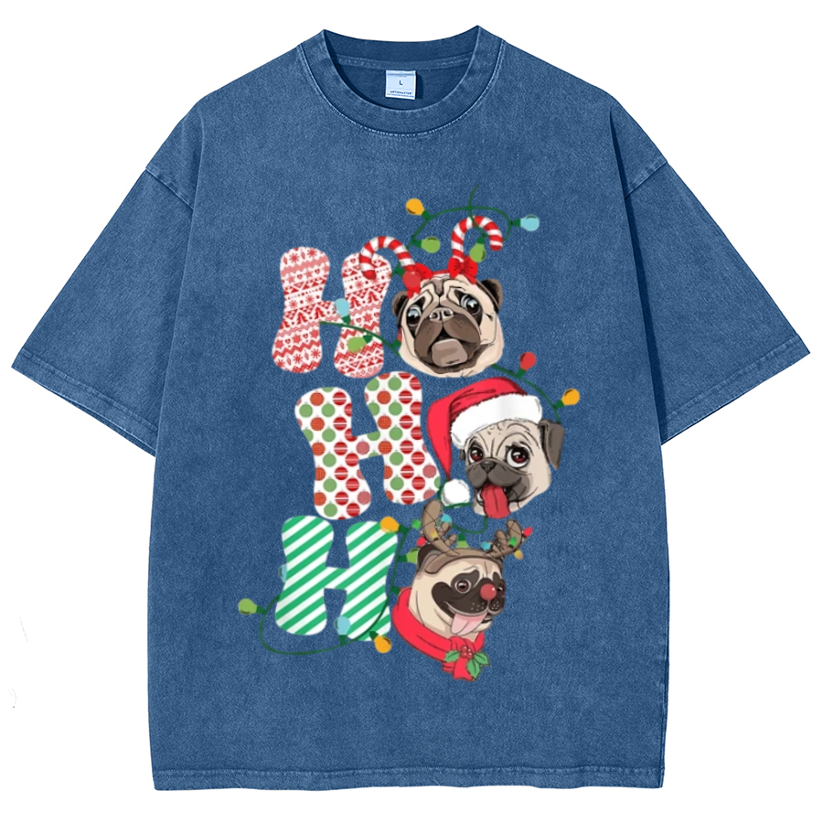 Muchic Pug Christmas Unisex Oversized Print Vintage Wash Denim T-Shirt